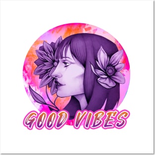 Good Vibes Beautiful Woman Floral Posters and Art
